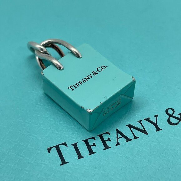 Tiffany & Co Silver Blue Enamel Shopping Bag Charm Pendant - Picture 4 of 10